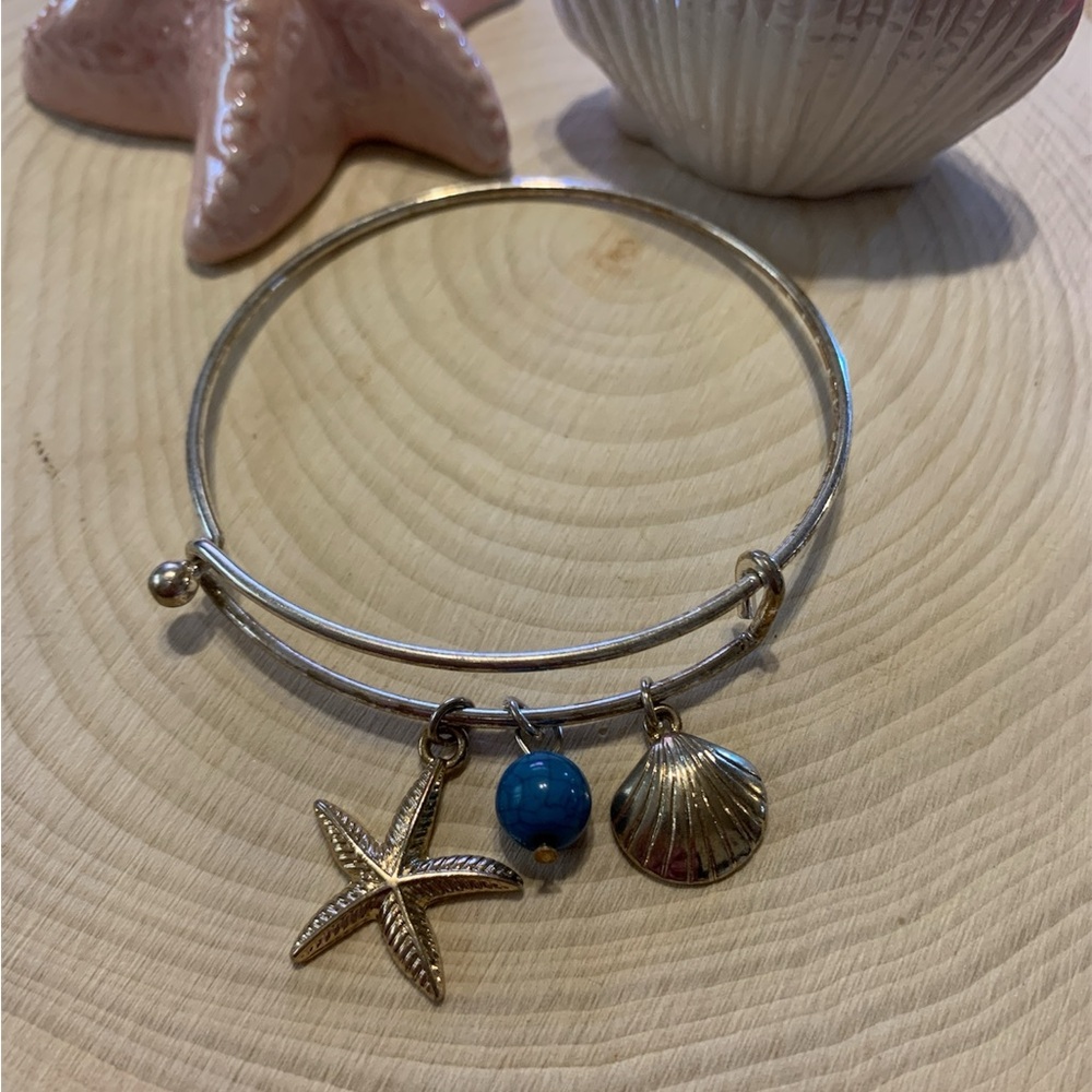 Silver Charm Bangle Bracelet with Starfish, Shell & Blue Bead